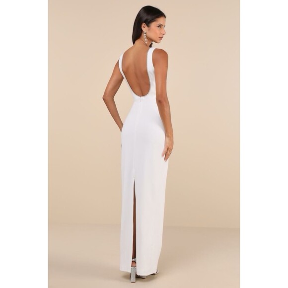 Lulus White Rhinestone Square Neck Backless Maxi Dress NWT Size L - Picture 5 of 12